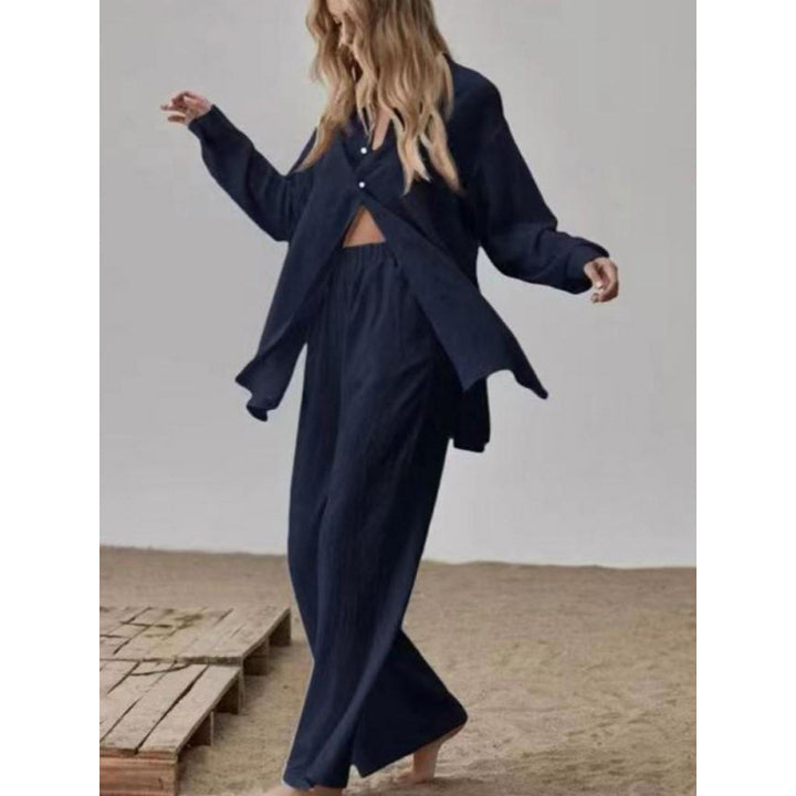 Damen Satin Pyjama Set mit langärmliger Bluse und weiten Hosen Drune