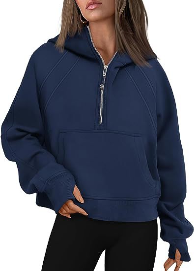 Damen lässiger Kapuzenpullover mit modischem Reißverschluss und praktischer Kängurutasche Drune