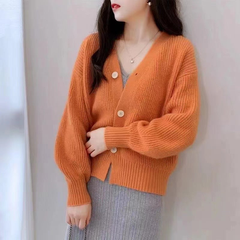 Damen lässige Strickjacke mit V-Ausschnitt und großen Knöpfen Drune