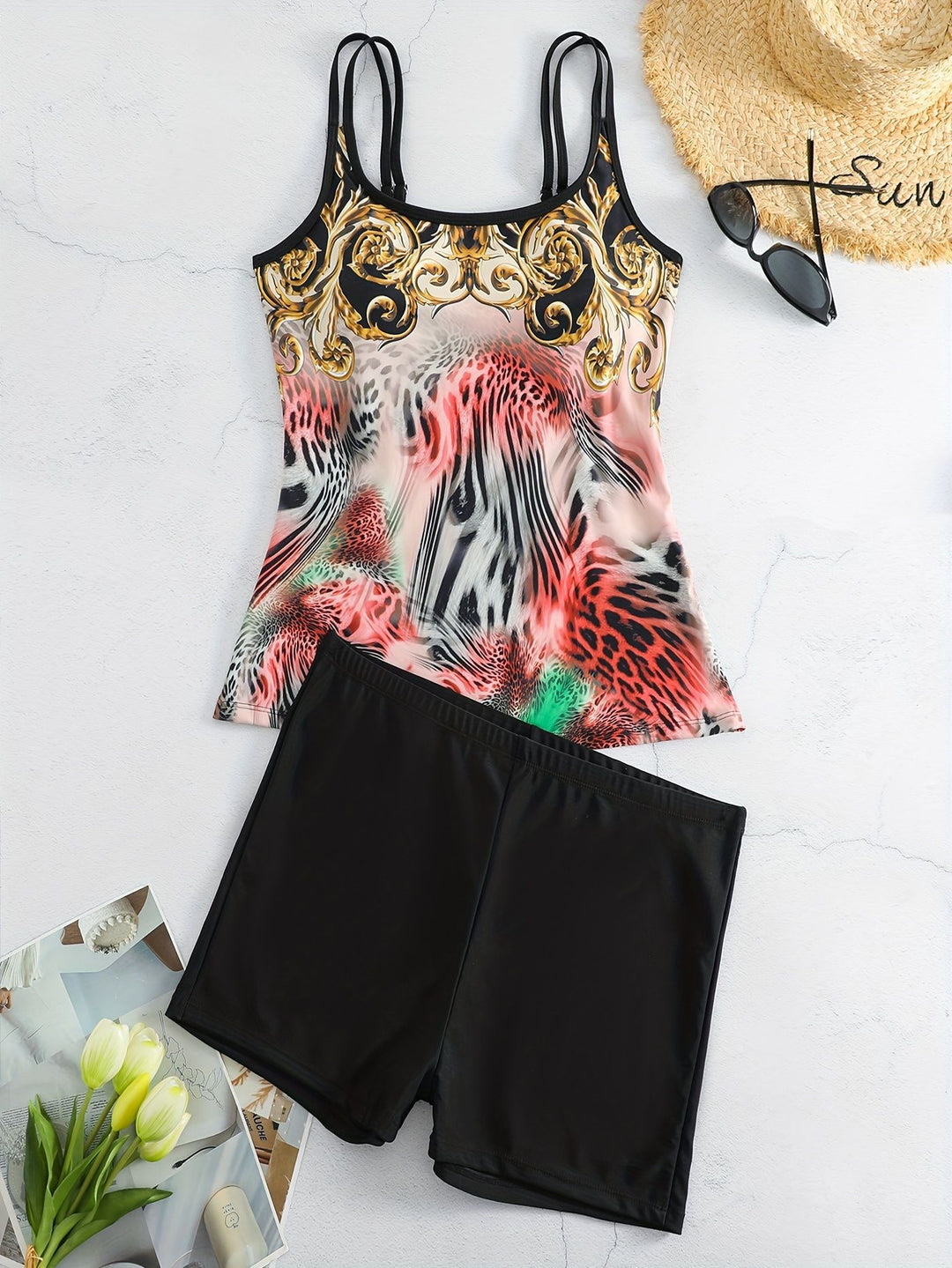 Damen Sportliches Tankini-Set mit modischem Animal-Print und Boxershorts Drune