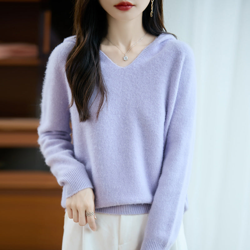 Damen Weicher Mohair‑Optik Kapuzenpullover mit V‑Ausschnitt und geripptem Saum Drune