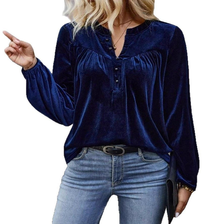 Damen Samtsweatshirt mit Henley-Knopfleiste, geraffter Brustpasse und lockerer Silhouette Drune