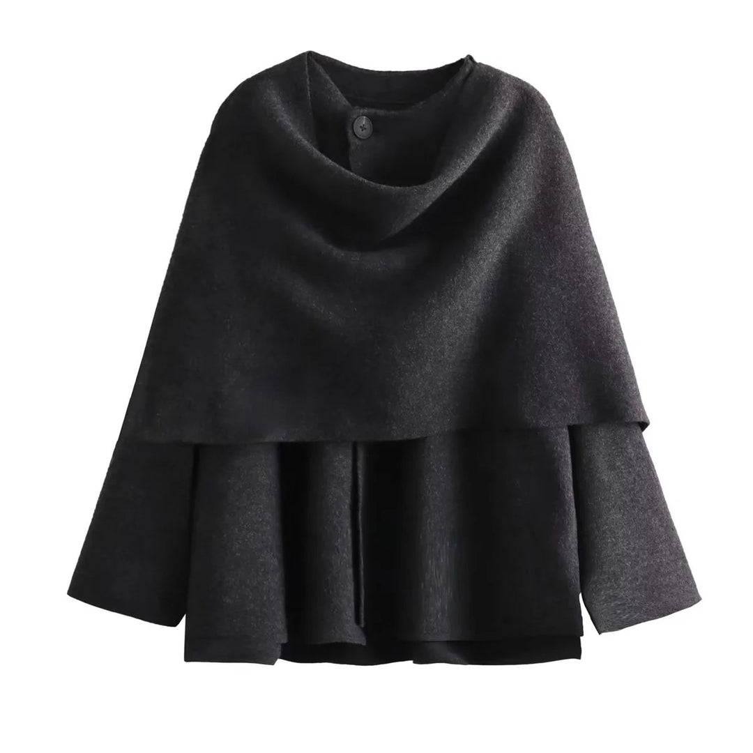 Damen 3500+ zweilagiger Wollmix‑Cape‑Poncho mit Knopfkragen und ausgestellten Ärmeln Drune
