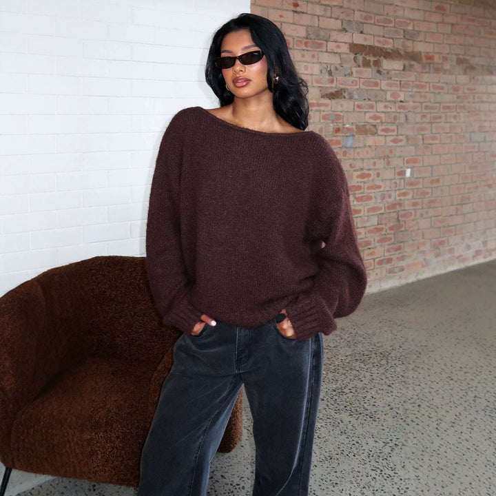 Damen Oversize Bouclé-Pullover mit weitem Boot-Ausschnitt und gerippten Bündchen Drune
