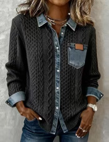 Damen nan geflochtener Strickpullover mit integriertem Jeanskragen und Brusttasche Drune