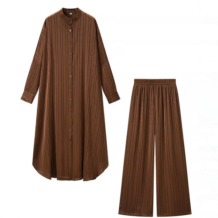 Damen Zweiteiliges fließendes Hemdblusen‑Maxikleid mit durchgehender Knopfleiste und passender elastischer Palazzo‑Hose Drune