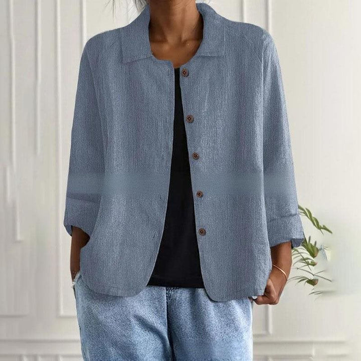 Damen Oversized Leinen-Hemdjacke mit Hemdkragen, 3/4-Ärmeln und durchgehender Knopfleiste Drune