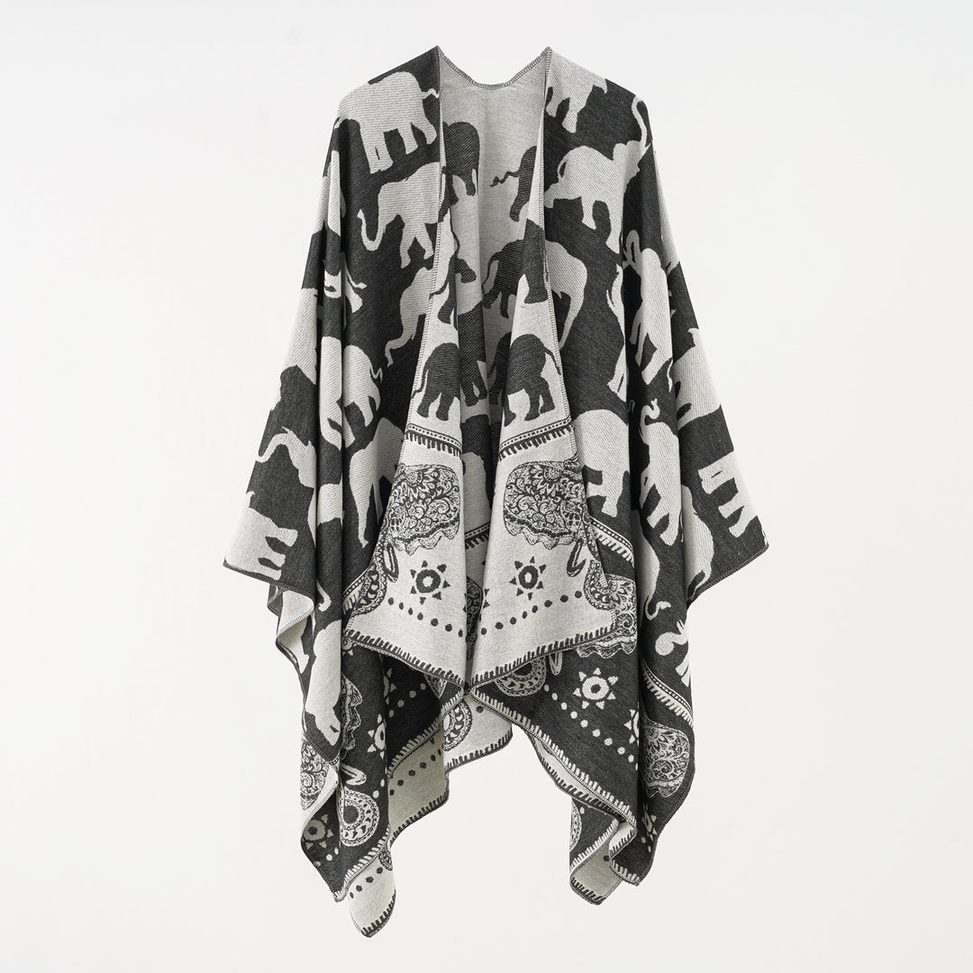Damen Jacquard‑Ruana mit Elefantenmotiv und ornamentaler Bordüre Drune