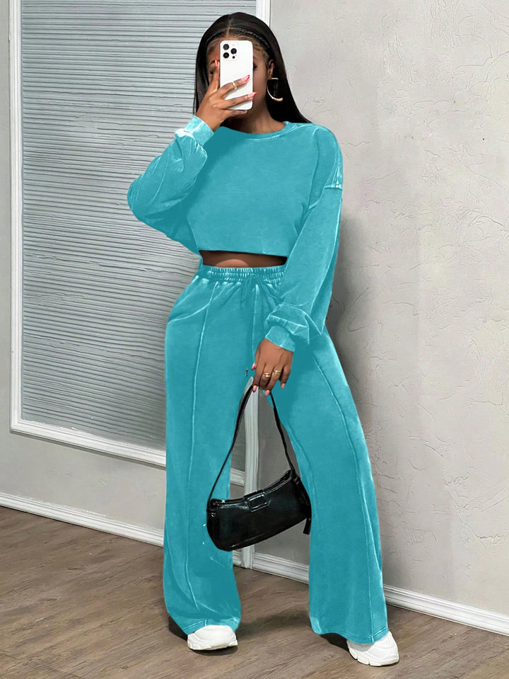 Damen cropped Loungewear-Set mit weitem Hosenbein und hohem Bund Drune