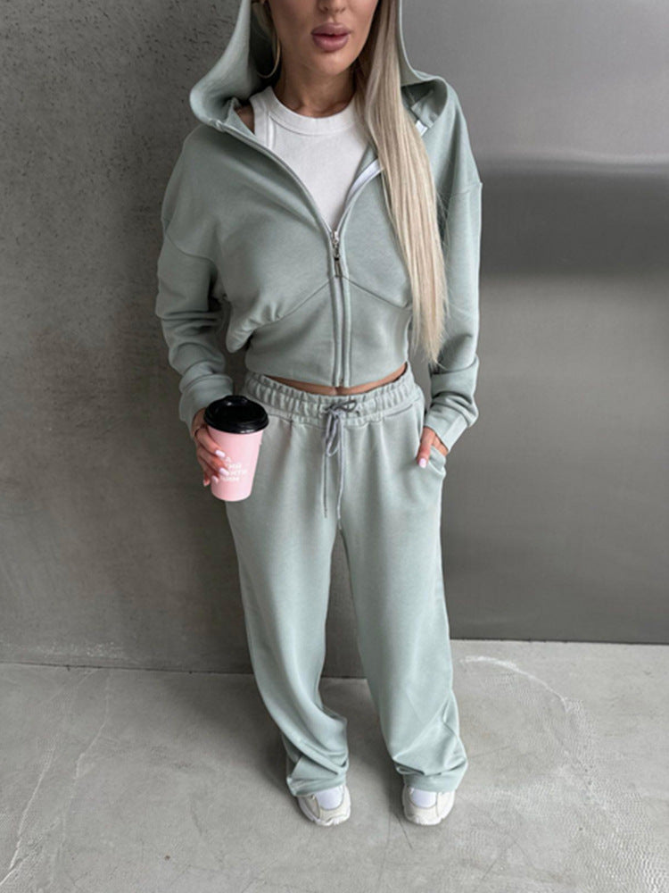 Damen kurzes Reißverschluss-Cropped-Hoodie mit hoher Bund Palazzo-Jogginghose Set Drune