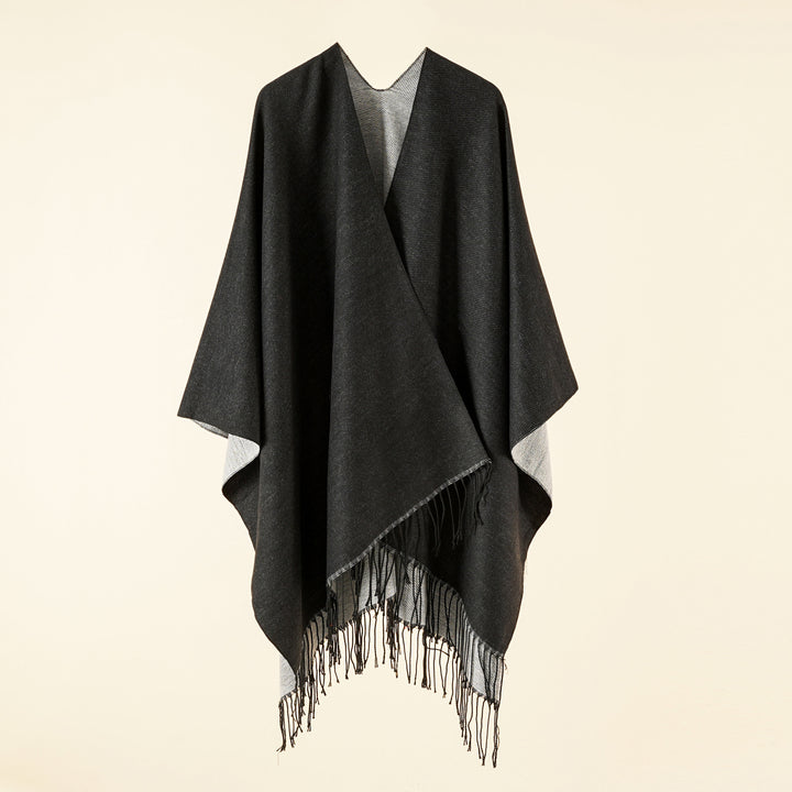 Damen Großer Ruana‑Poncho aus feinem Wollmix mit Fransen und offenem Fall Drune