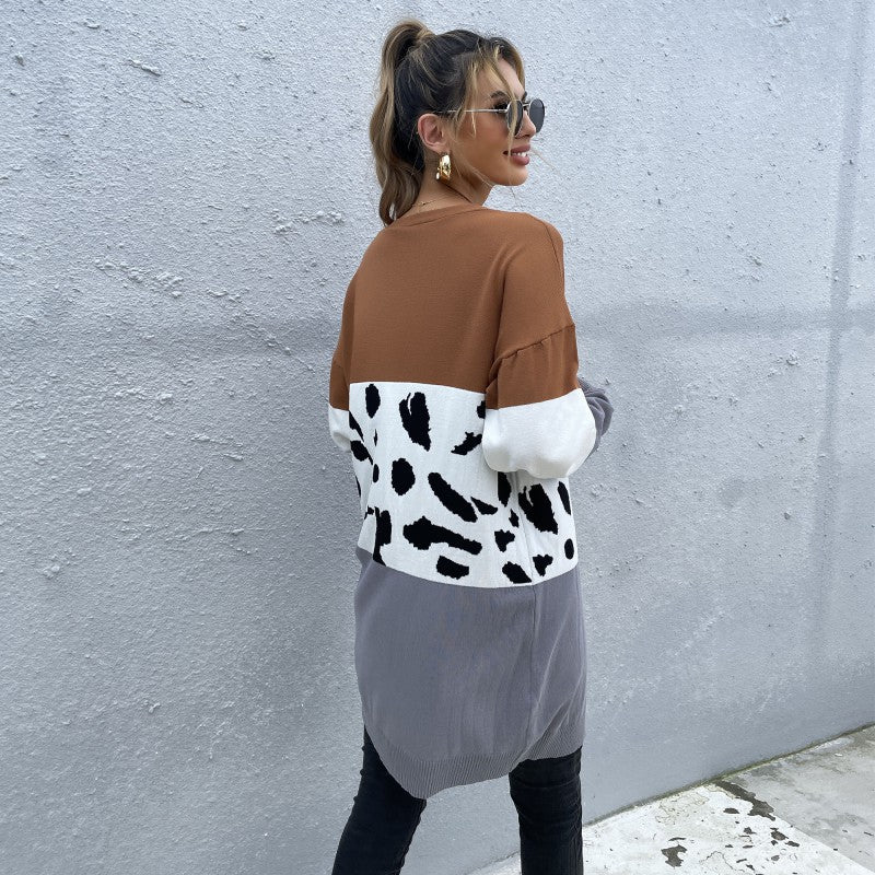 Damen Offene Longcardigan im Blockdesign mit Animal‑Intarsien und gerippten Abschlüssen Drune