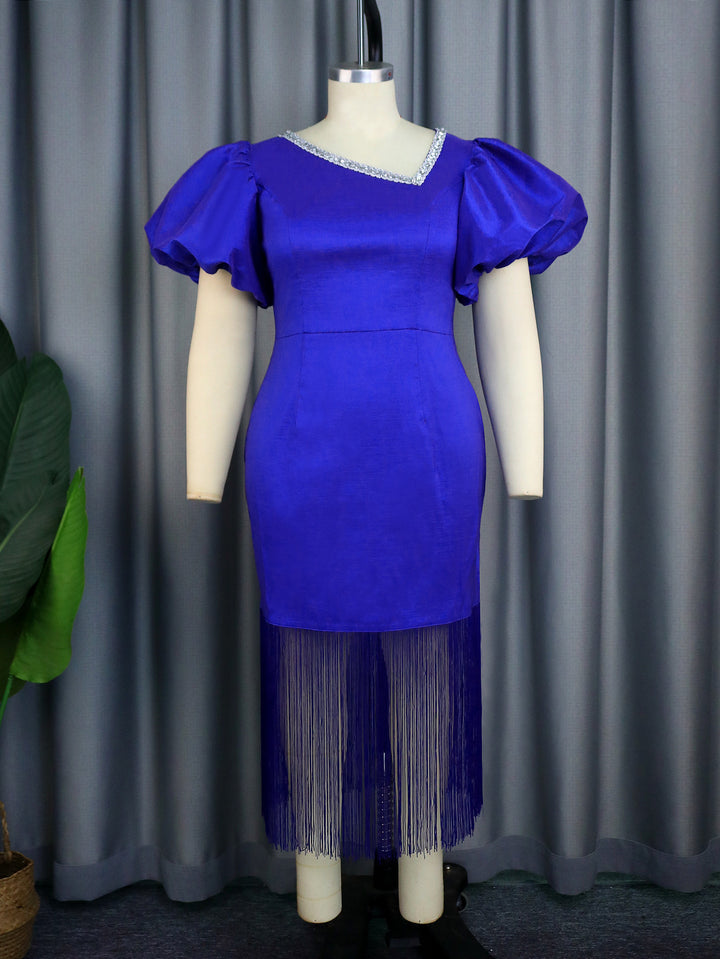 Damen figurbetontes Kleid mit voluminösen Puffärmeln und Fransen Drune