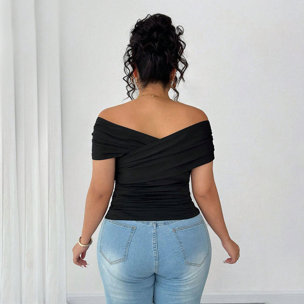 Damen elegantes Wickeloberteil mit schulterfreiem Design und Raffung Drune