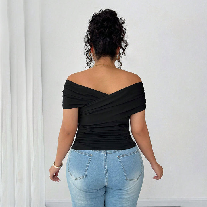 Damen elegantes Wickeloberteil mit schulterfreiem Design und Raffung Drune