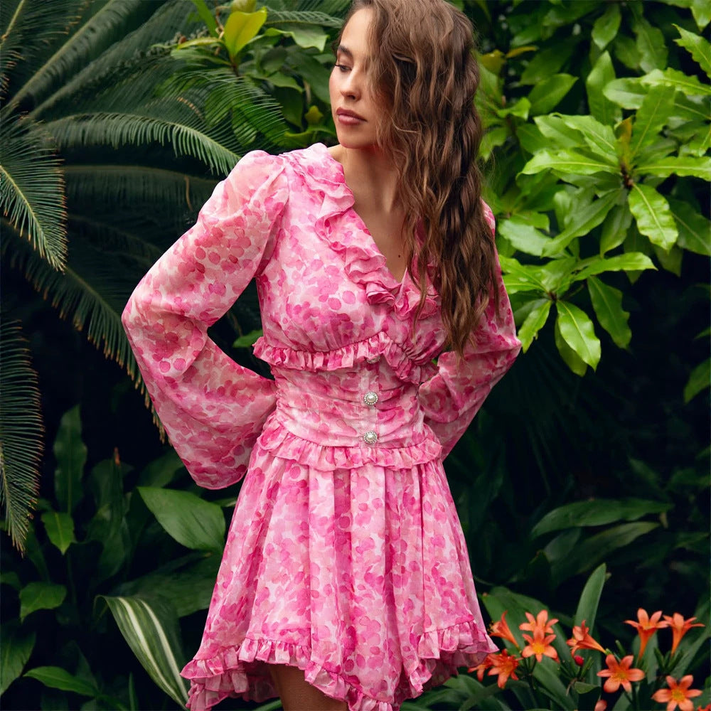 Damen Kurzes Rüschen‑Kleid mit tailliertem Korsettbund und Ballonärmeln Drune