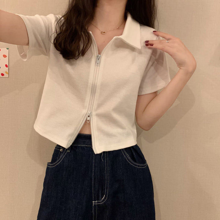 Damen Cropped Poloshirt mit Reißverschluss und strukturierter Textur Drune
