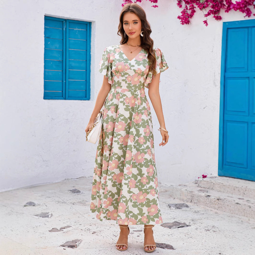 Damen Maxikleid mit femininem V-Ausschnitt und Rüschendetails Drune