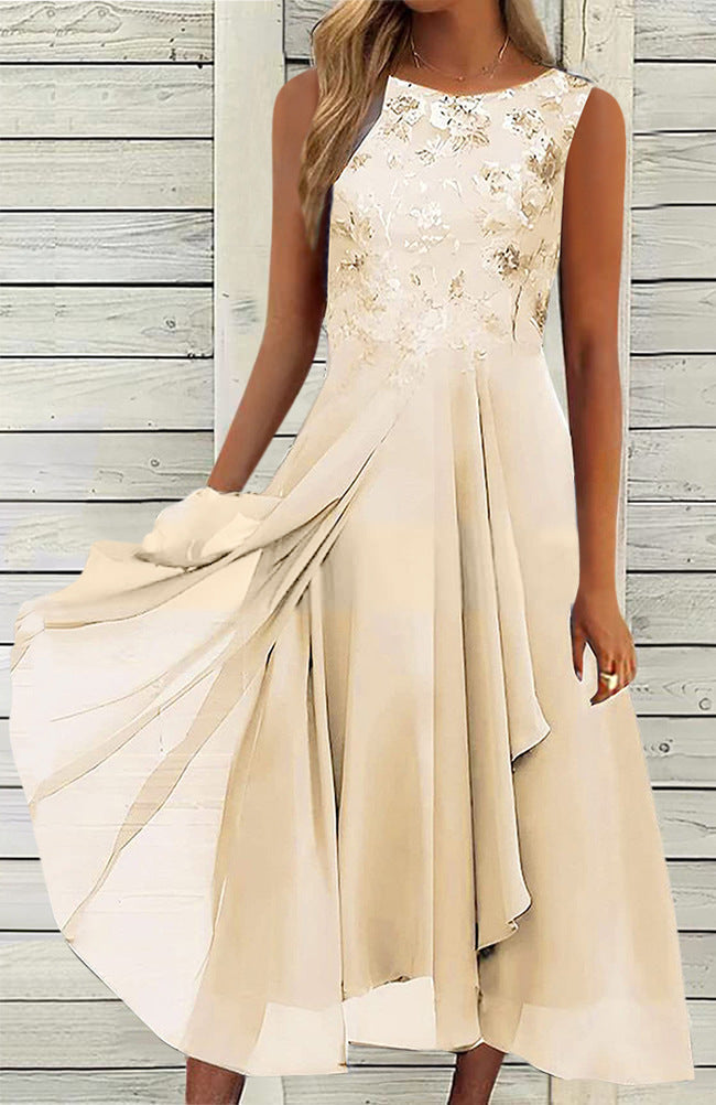 Damen nan ärmelloses Chiffon-Midikleid mit bestickter Brustpartie und asymmetrischem Lagenrock Drune
