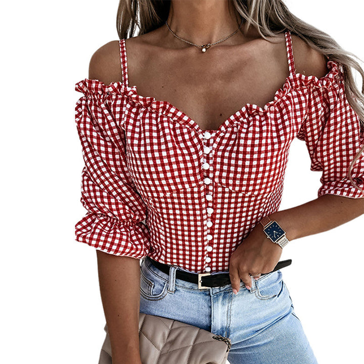 Damen Off-Shoulder Bluse mit Rüschendetails und Karomuster Drune