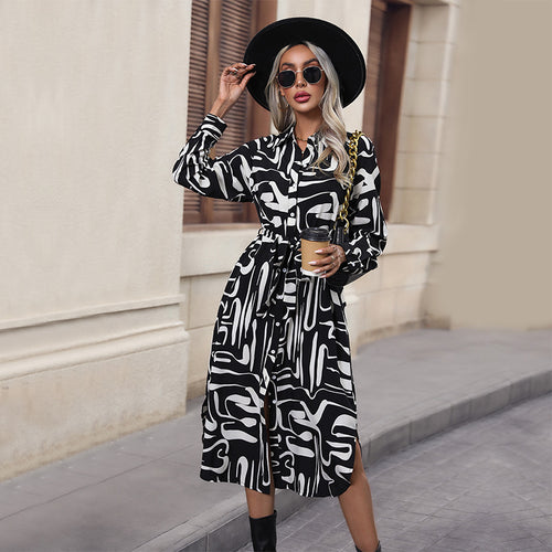 Damen Midikleid im Hemdblusenstil mit grafischem Print, Bindegürtel und Seitenschlitzen Drune