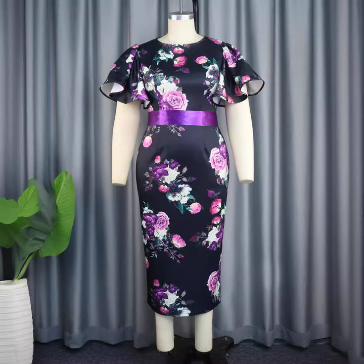 Damen Elegantes Kleid mit floralem Design und Taillengürtel Drune