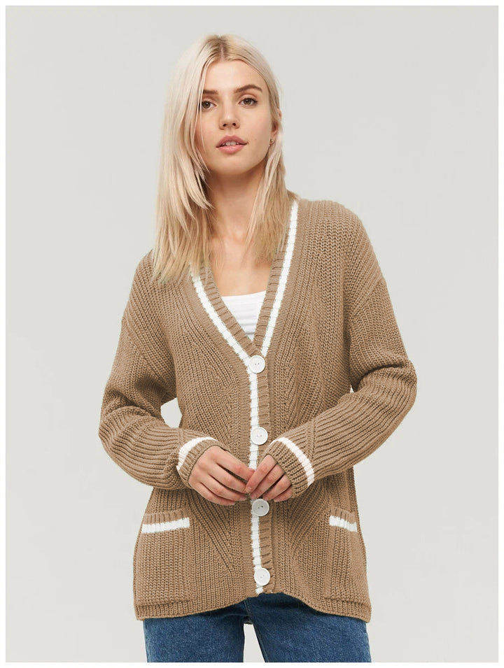 Damen gemütliche Strickjacke mit kontrastierenden Taschen und Knopfdetails Drune