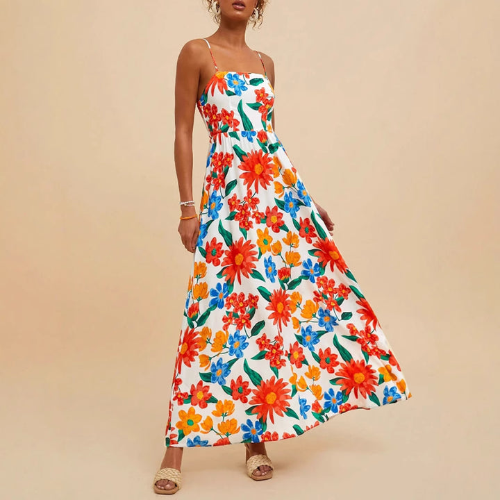 Damen Maxikleid mit buntem Blumenmuster und verstellbaren Trägern Drune