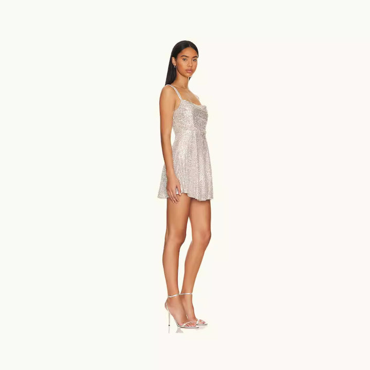Damen Glitzerndes Minikleid mit gerafftem Oberteil und schwingendem Rock Drune