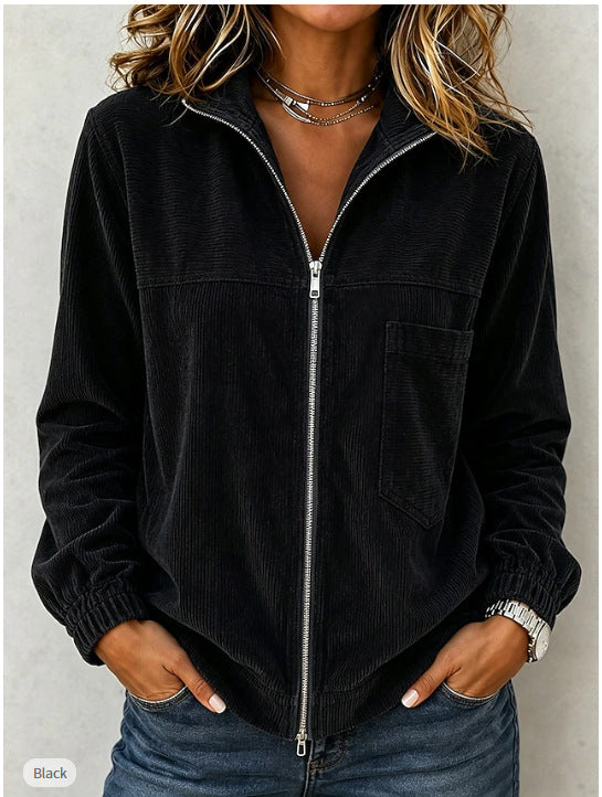 Damen Cordjacke mit Reißverschluss, Stehkragen und aufgesetzter Brusttasche Drune