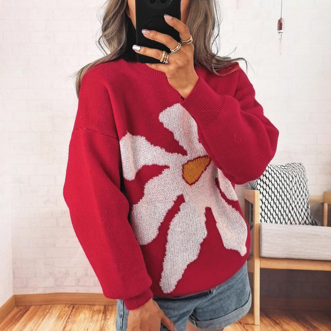 Damen lässiger Strickpullover mit buntem Blumenmotiv und überschnittenen Schultern Drune