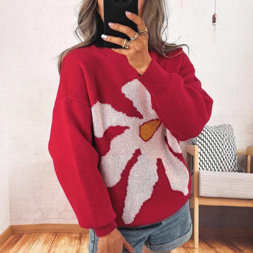 Damen lässiger Strickpullover mit buntem Blumenmotiv und überschnittenen Schultern Drune
