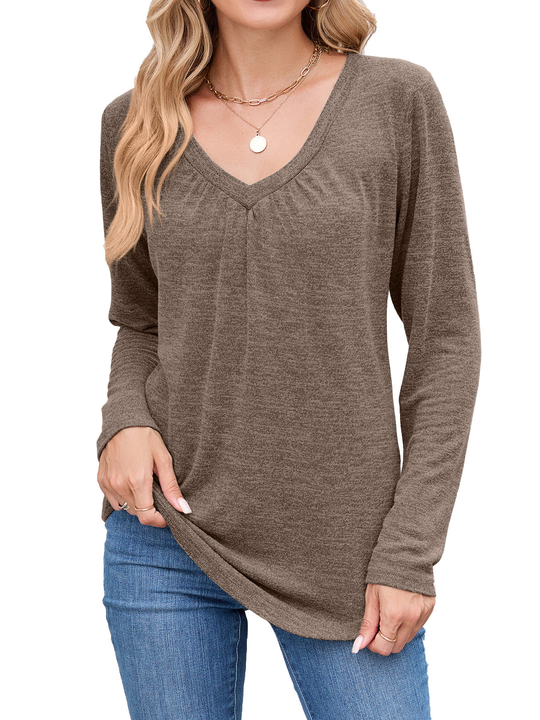 Damen Langarmshirt mit raffiniertem V-Ausschnitt und Falten Drune