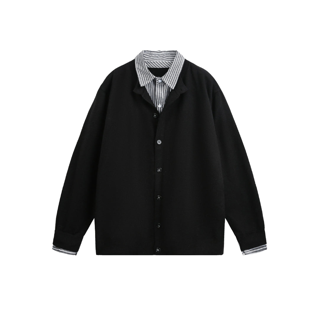 Unisex Lagenlook Strickcardigan mit eingearbeitetem Hemdkragen und Knopfleiste Drune