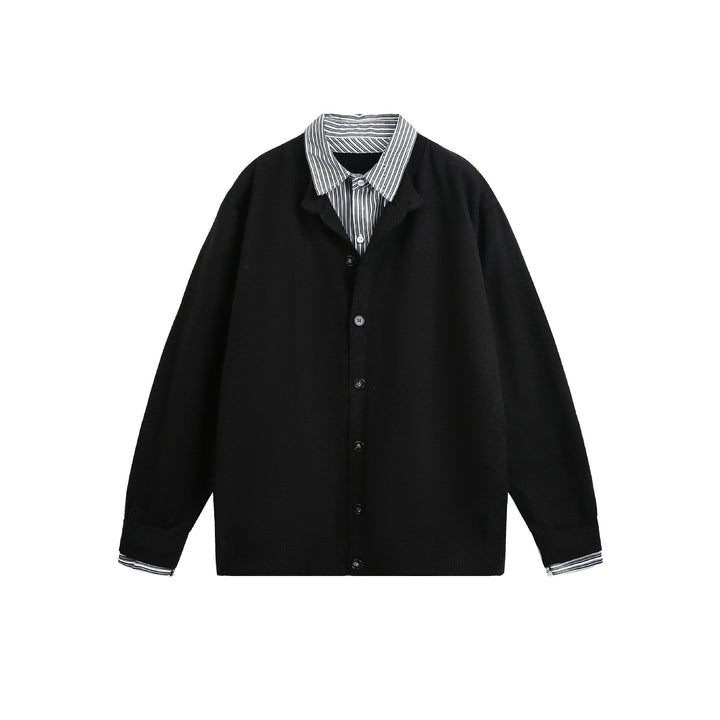 Unisex Lagenlook Strickcardigan mit eingearbeitetem Hemdkragen und Knopfleiste Drune