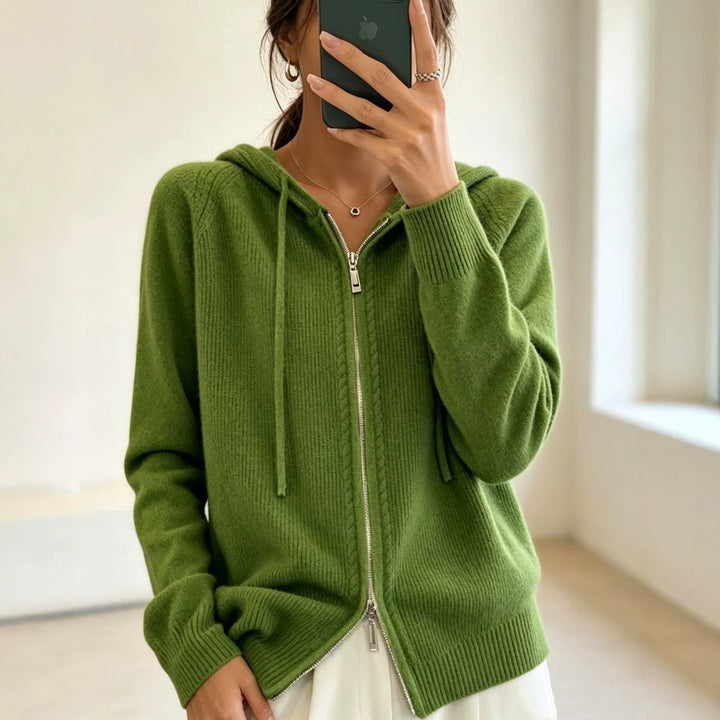 Damen Kapuzen-Cardigan mit Reißverschluss, feinem Feinstrick und gerippten Bündchen Drune