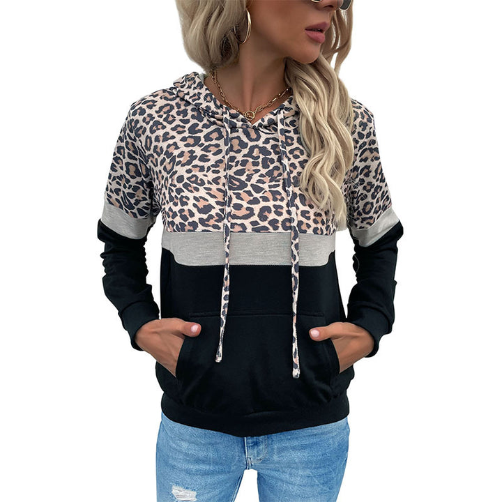 Damen Kapuzenpullover mit Leo-Print, Colorblock-Einsatz und Kängurutasche Drune