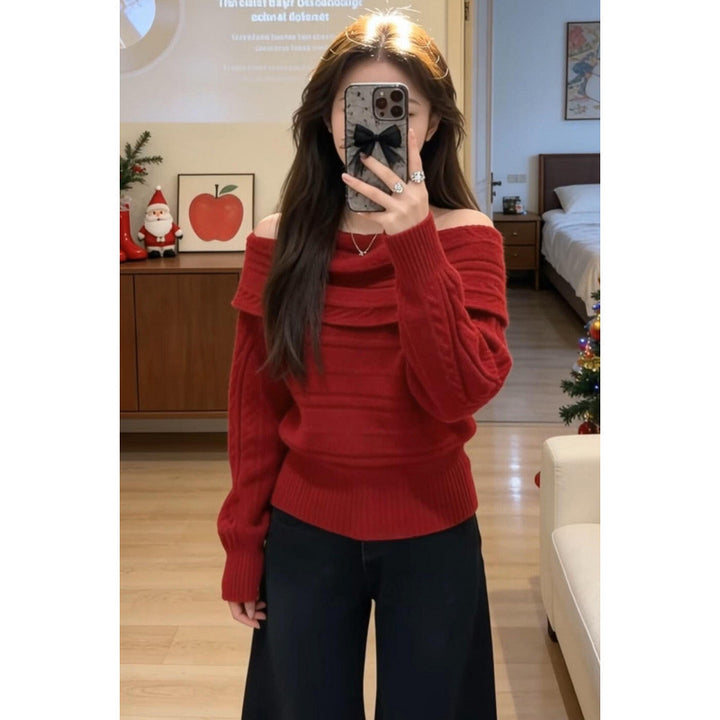 Damen Off-Shoulder Strickpullover mit Rippstruktur Drune
