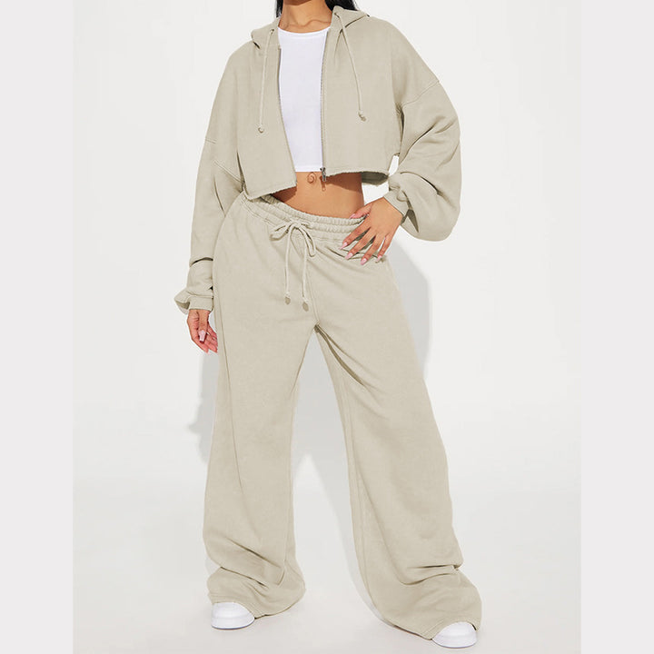 Damen Lässiges Fleece-Kapuzenoberteil mit weitem Schnitt und entspannter Hose Set Drune
