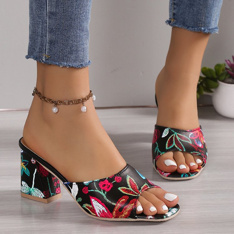 Damen Slip-On Mules mit floralem Allover-Print, mittelhohem Blockabsatz und gepolstertem Komfortfußbett Drune