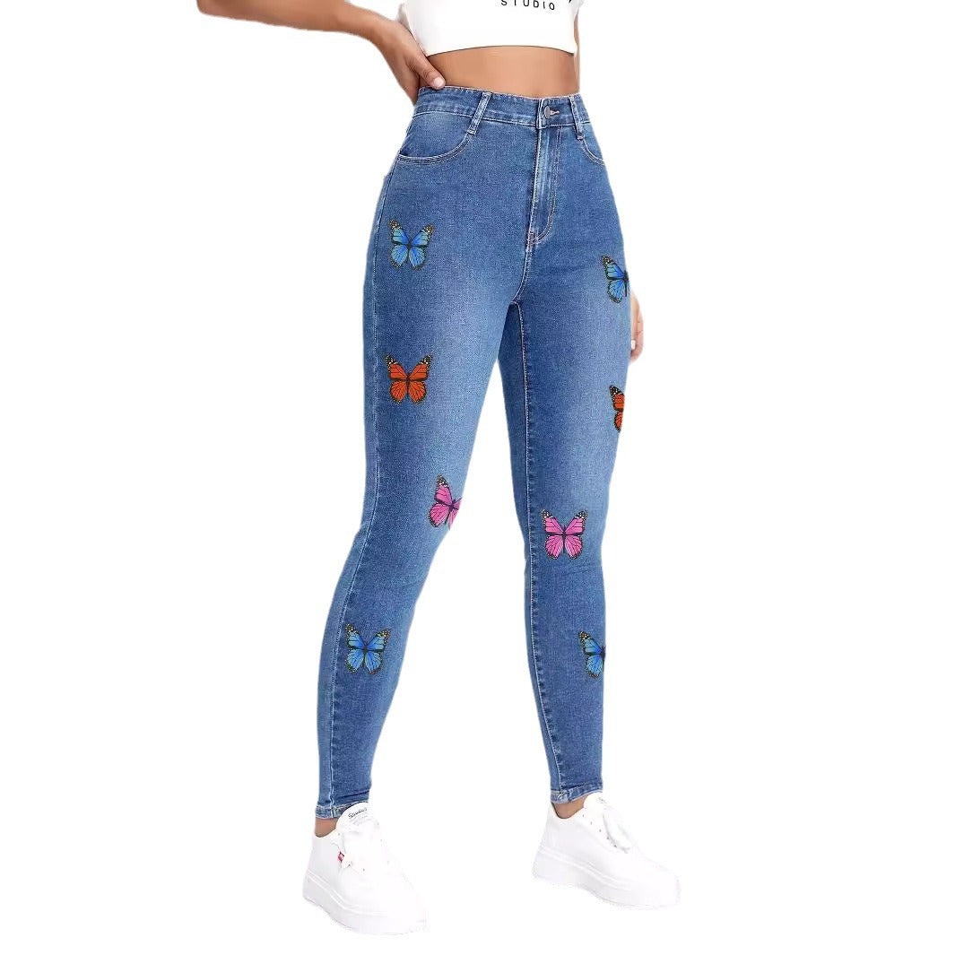 Damen enganliegende High‑Waist Jeansleggings mit buntem Schmetterling-Print Drune