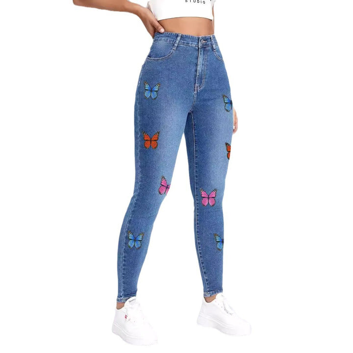 Damen enganliegende High‑Waist Jeansleggings mit buntem Schmetterling-Print Drune