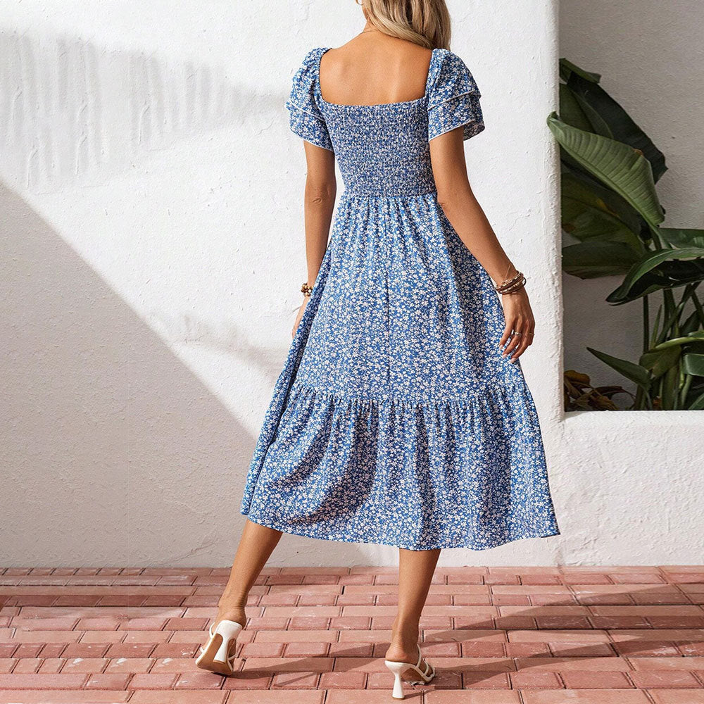 Damen Midi-Kleid mit floralem Print und luftigen Puffärmeln Drune