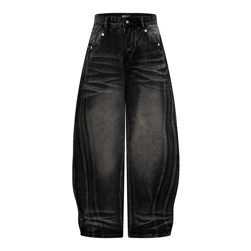 Damen Weite High‑Waist Ballon-Jeans mit Ziernähten Drune