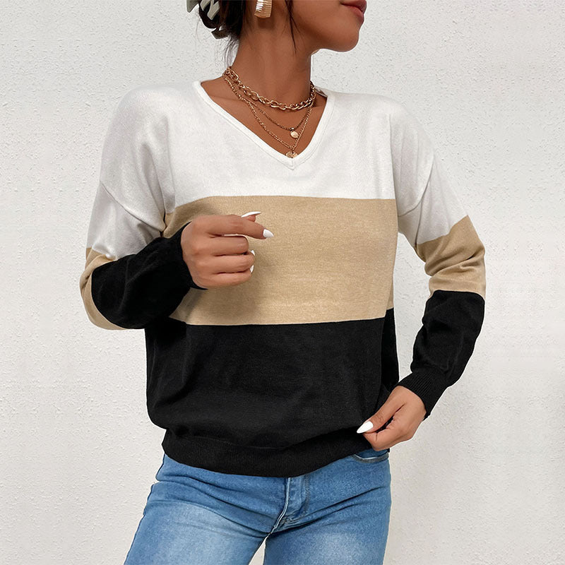Damen Eleganter V‑Ausschnitt Feinstrickpullover mit breiten Blockstreifen Drune