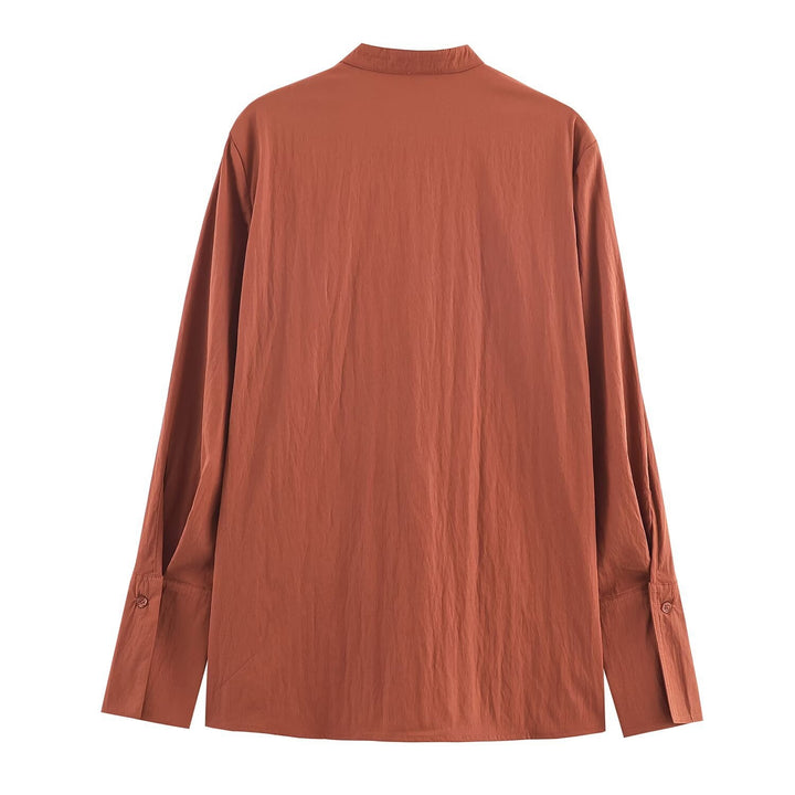 Damen Oversize Hemdbluse mit Mandarinkragen und durchgehender Knopfleiste Drune