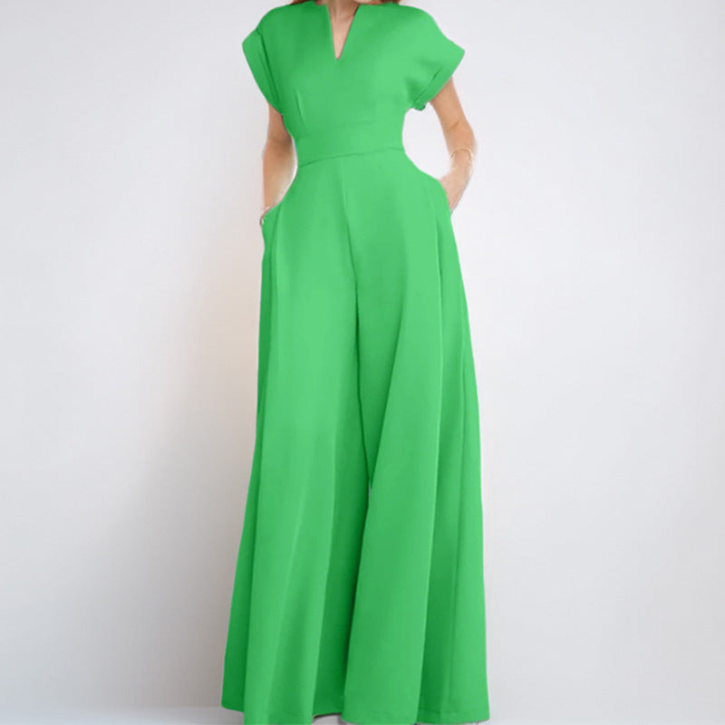 Damen Elegante weite Jumpsuit mit kurzen Ärmeln und tiefem Ausschnitt Drune