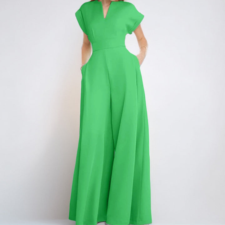 Damen Elegante weite Jumpsuit mit kurzen Ärmeln und tiefem Ausschnitt Drune