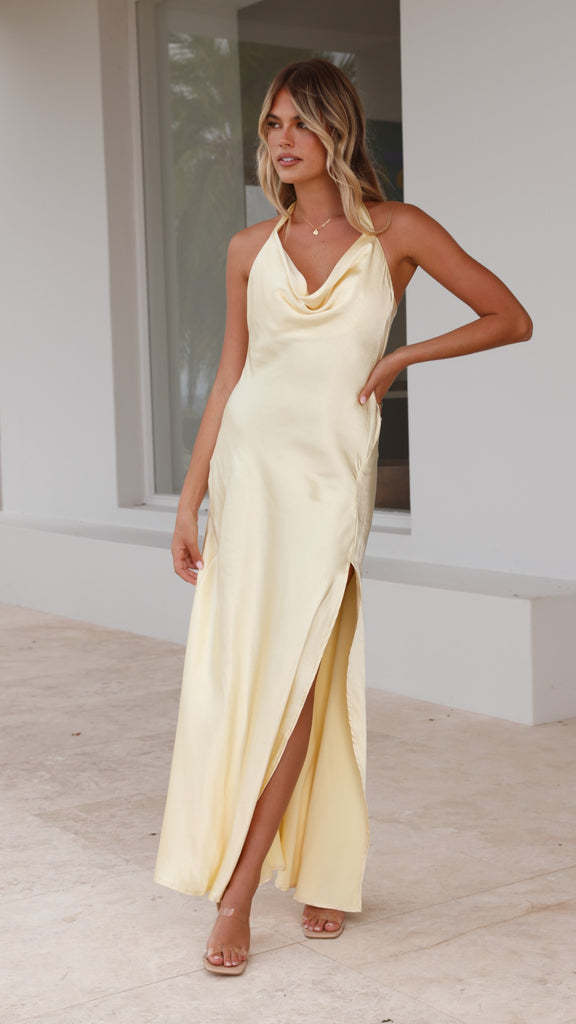 Damen Elegantes Satin Maxikleid mit tieferem Ausschnitt und seitlichem Schlitz Drune
