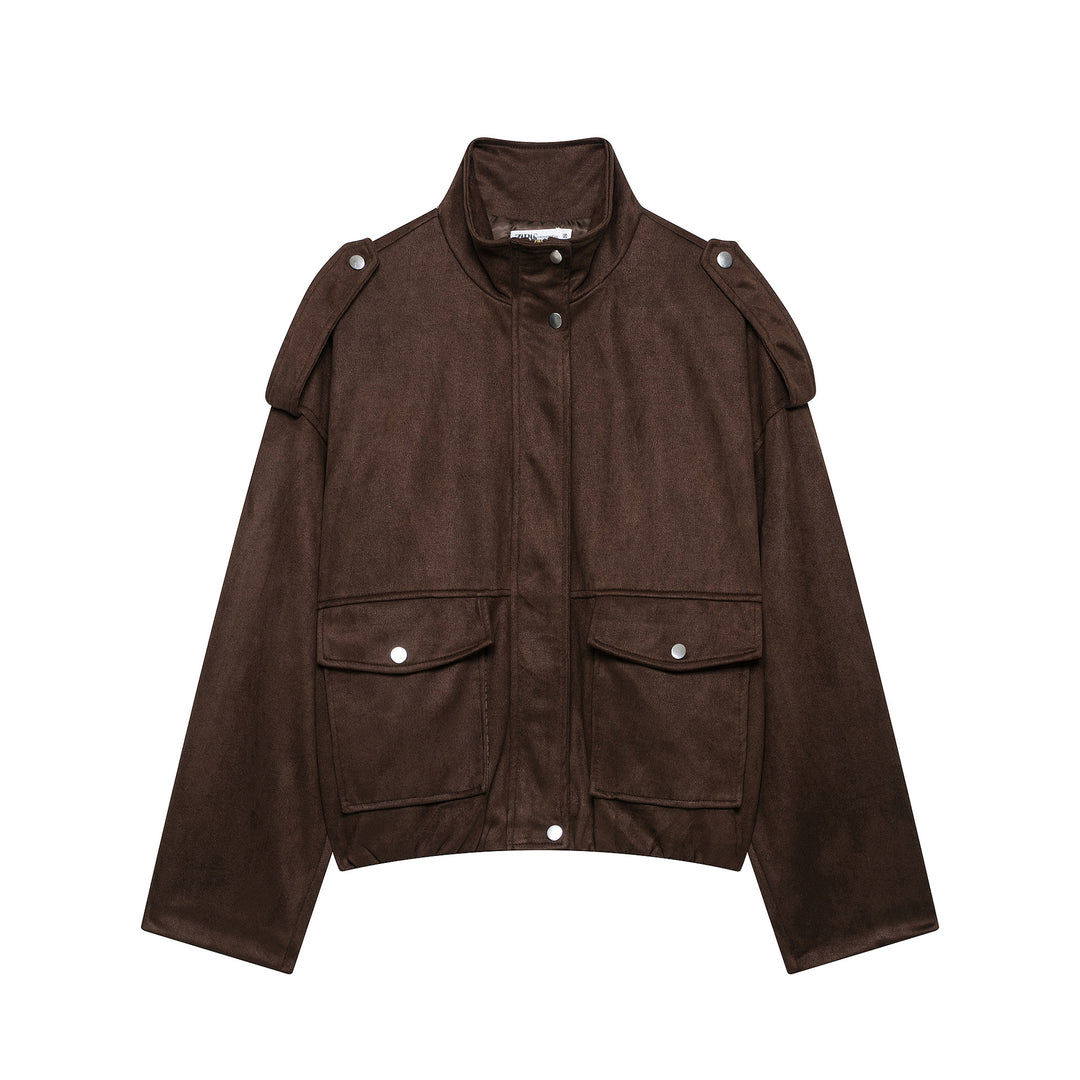 Damen Kurze Wildlederoptik-Fieldjacke mit Stehkragen, Pattentaschen und Schulterklappen Drune